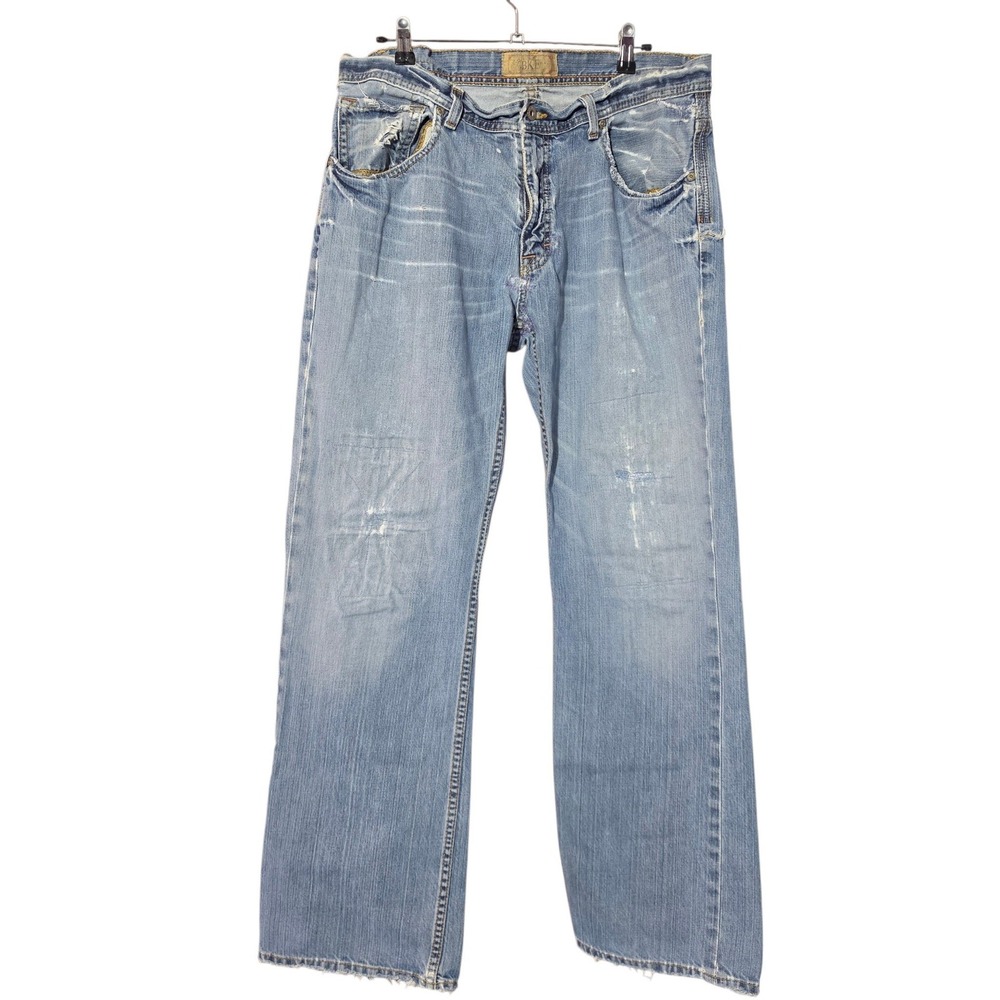 BKE Men 36x32 Jeans Blue Derek Bootcut Distressed Heavily Mended True Y2K BMX261